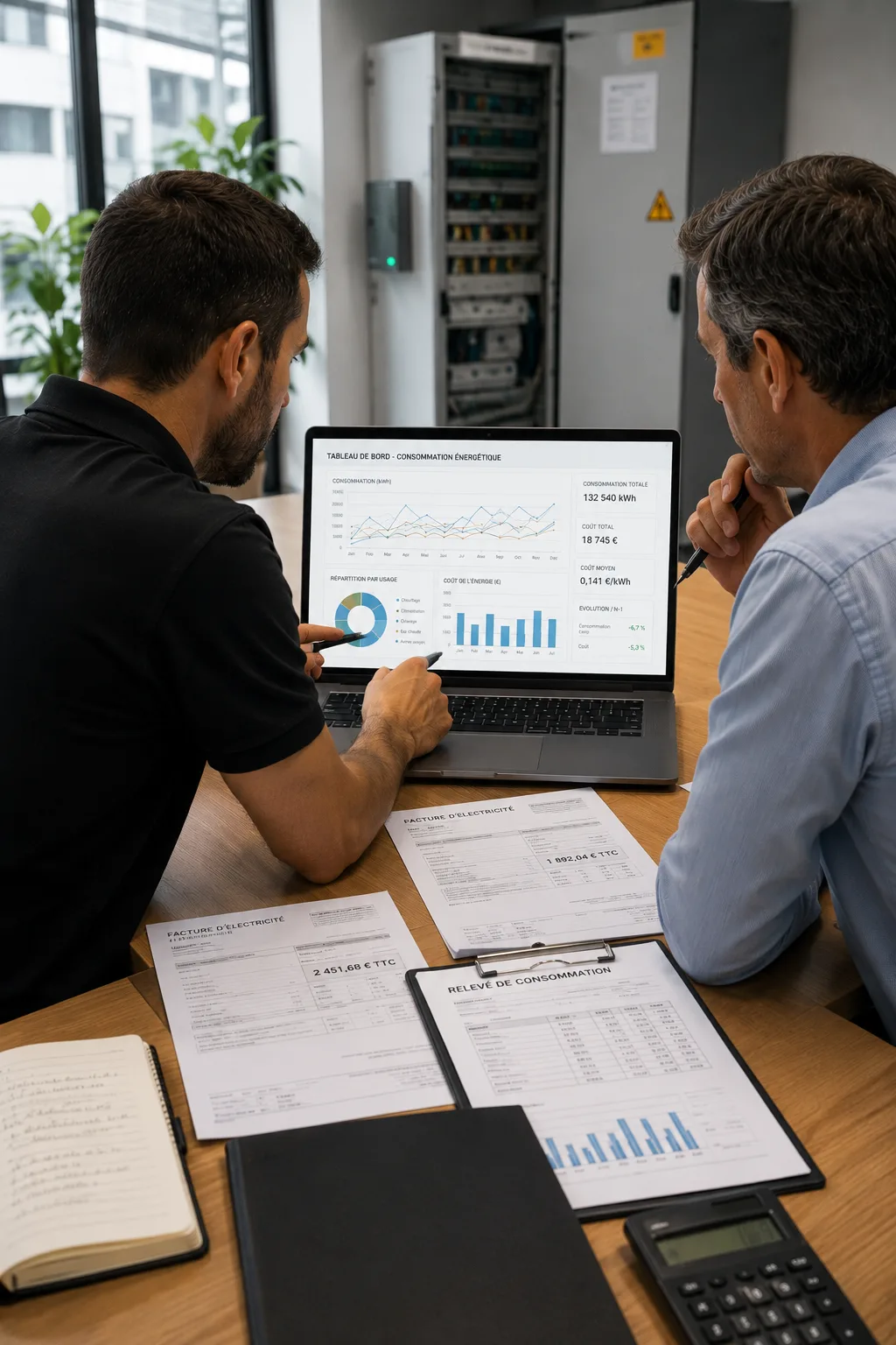 Conseiller Mirtech analysant les factures d'électricité et un tableau de bord de consommation avec un client