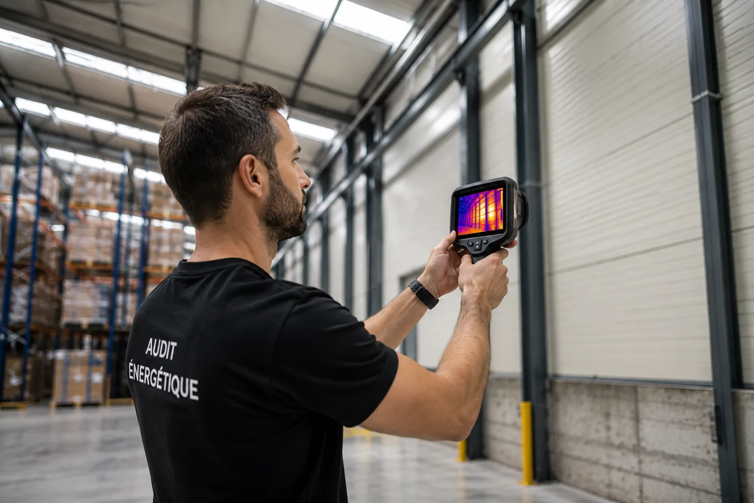 Expert Mirtech réalisant un audit énergétique à la caméra thermique dans un entrepôt