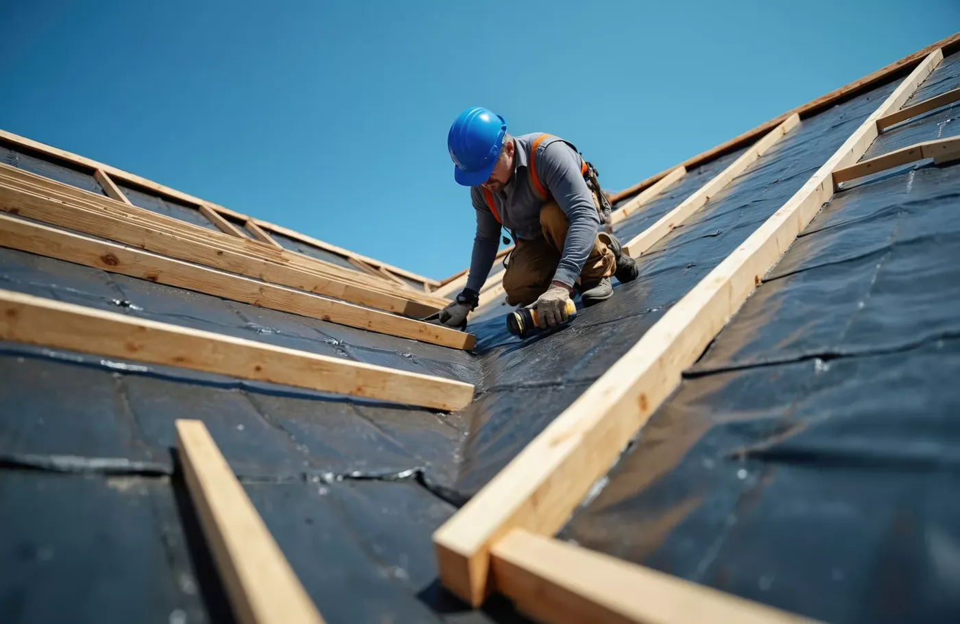 Couvreur posant un écran sous-toiture sur un chantier