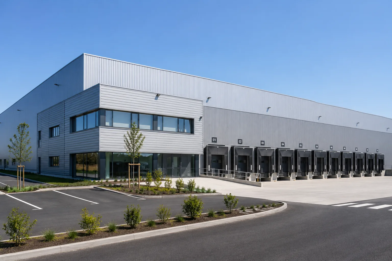 Entrepôt logistique moderne avec quais de chargement, bâtiment d'activité tertiaire