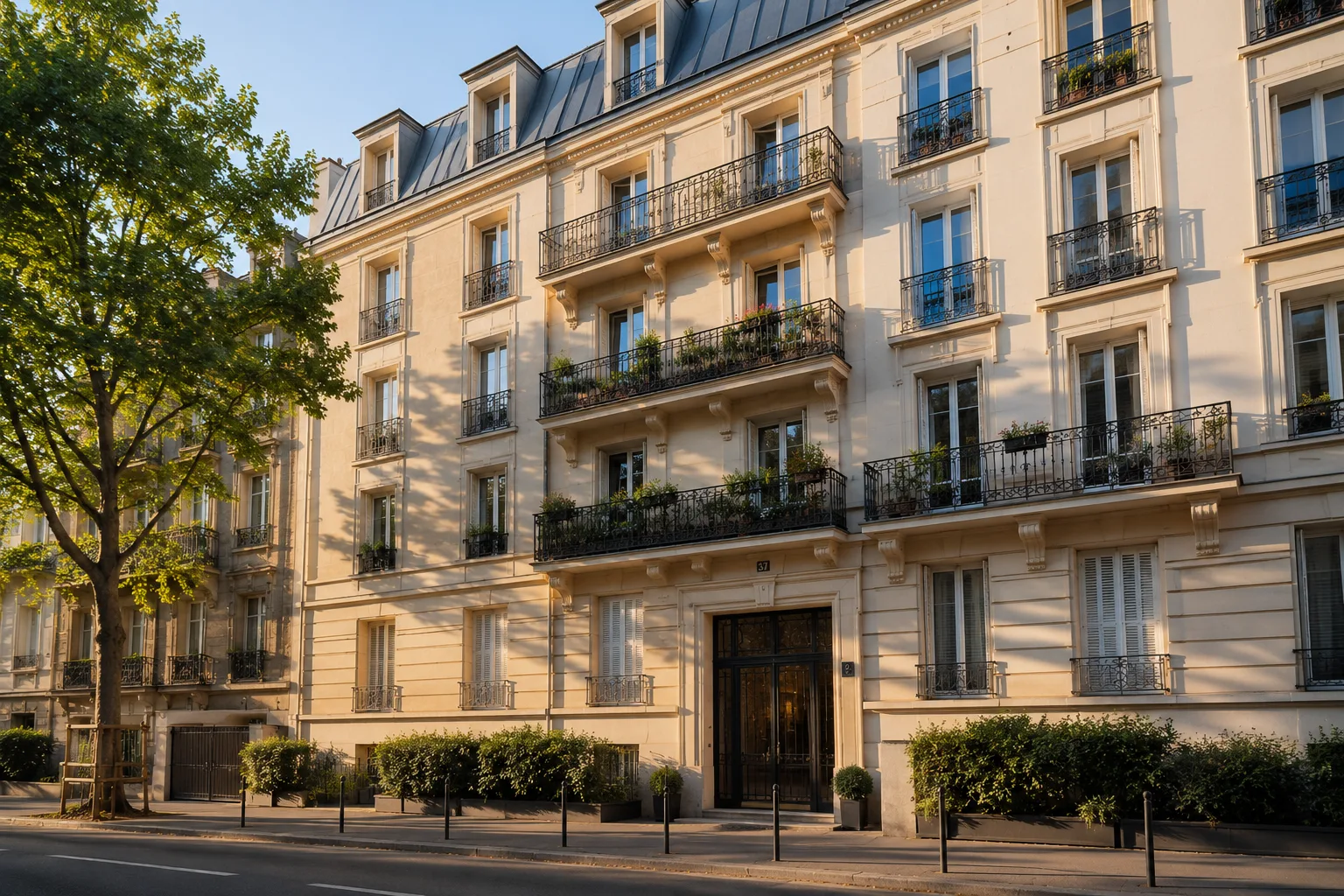 Façade d'un immeuble d'habitation en copropriété, style haussmannien