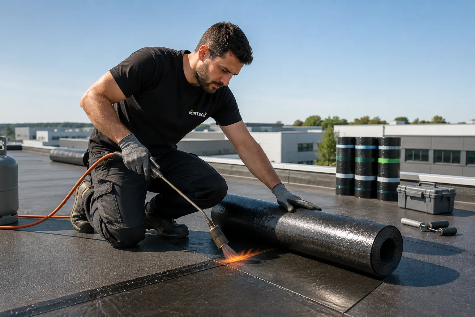 Technicien Mirtech intervenant sur l'étanchéité d'une toiture-terrasse en Île-de-France