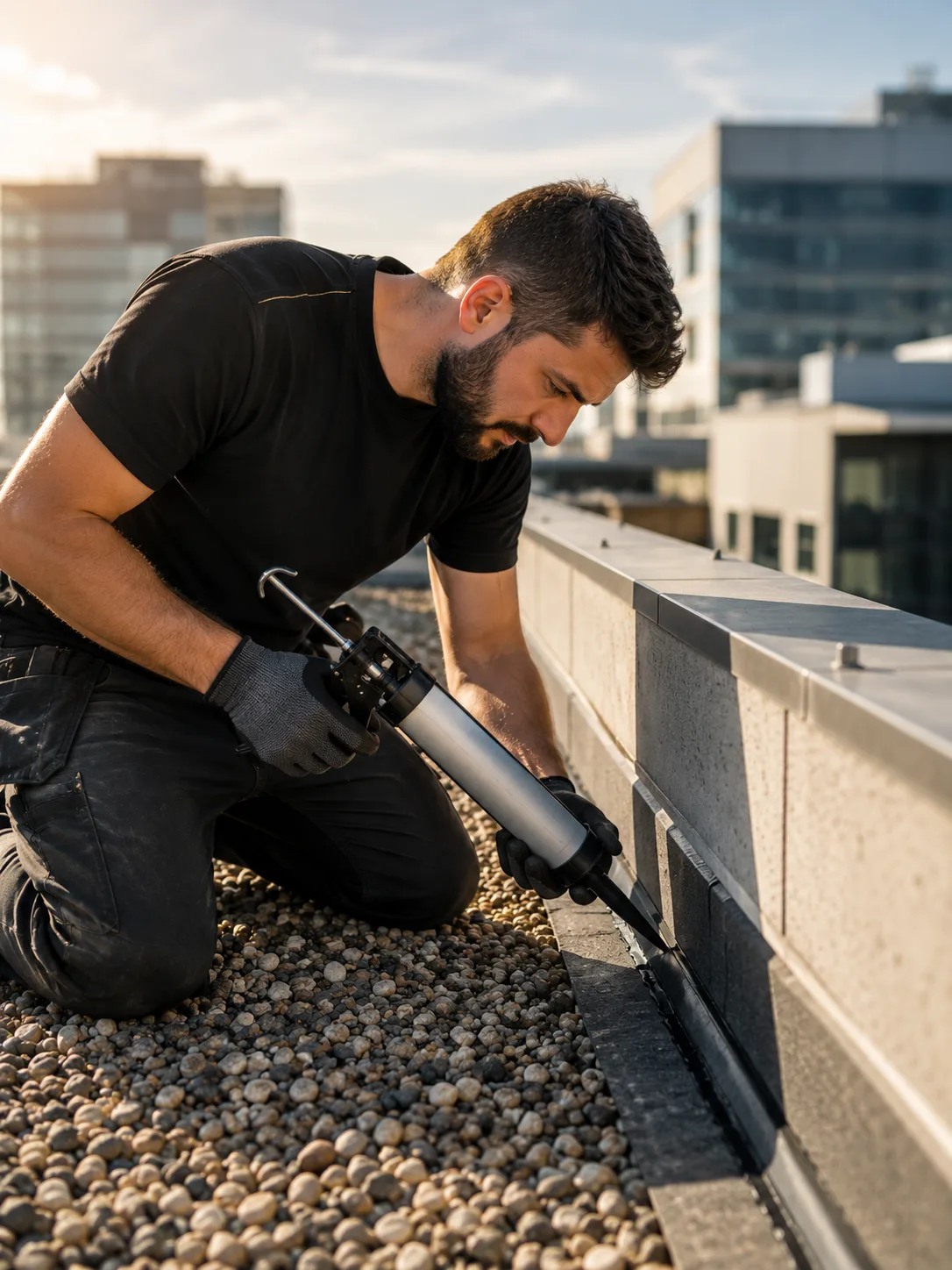 Technicien Mirtech traitant l'étanchéité d'une toiture-terrasse